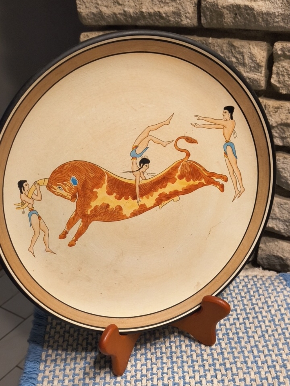 Hand Painted 11" Plate Classic Bull &Acrobats From George Pottery Isle Of Crete